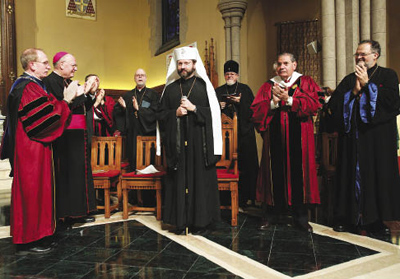 His Beatitude Major Archbishop Sviatoslav Shevchuk is cheered at the University Church. Photo by Bruce Gilbert