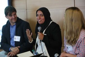 Sara Elnakib, with Simi Polonsky (right) and moderator Jeff Trexler (left) Photo by Bruce Gilbert