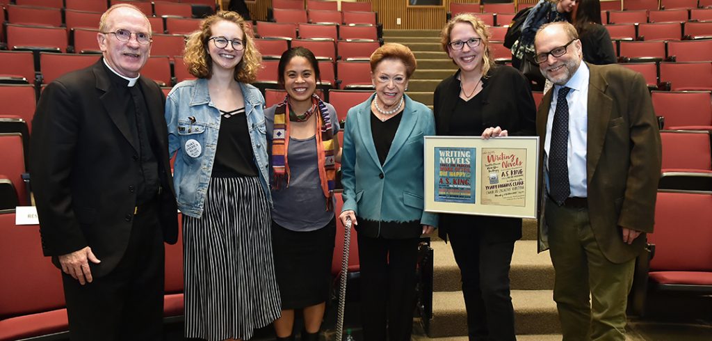 Father McShane, junior Cat Reynolds, Professor Sarah Gambito, Mary Higgins Clark, A.S. King, and English Department Chair Glenn Hendler.