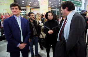  Gordon Caplan ’91, Amir Fadavi ’17, Fahimeh Kashkooli, and Dean Matthew Diller await the arrival of Kashkooli’s daughter.