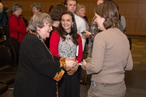 Fans and friends lined up to greet Elizabeth Johnson at the end of the evening.