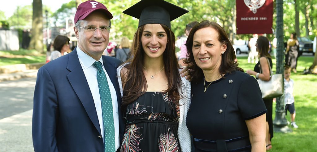 GSS grad Regina Salice with her parents, Fordham Trustee Fellow Thomas Salice, GABELLI ’82, and Trustee Susan Conley Salice, FCRH ’82