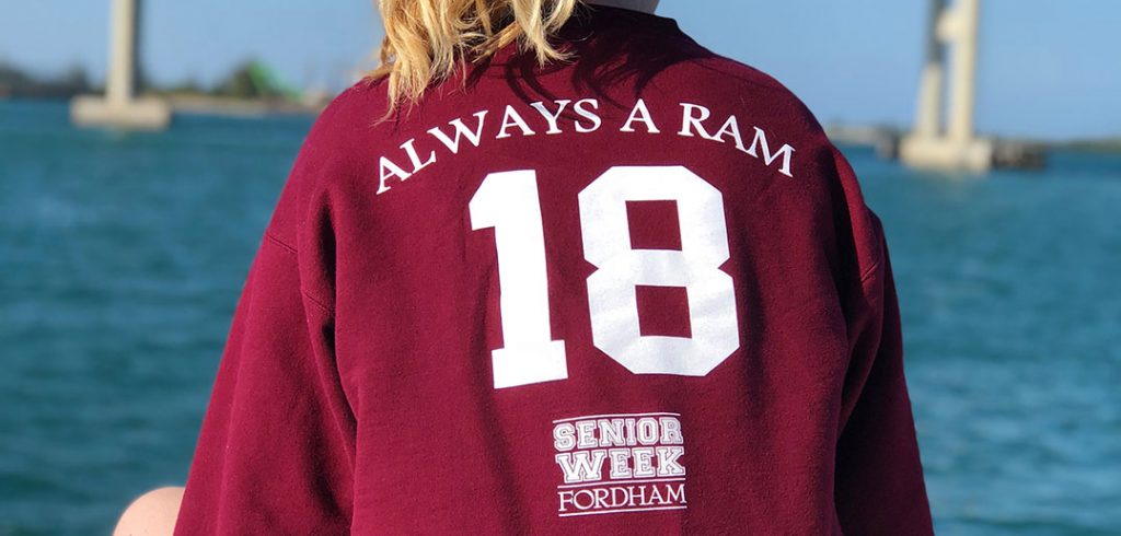 The Class of 2018 on Instagram Fordham senior wearing a Fordham Class of 2018 Senior Week shirt that reads: "Always a Ram"