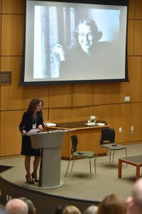 Angela O'Donnell addresses an audience from the stage at the McNally Ampitheatre