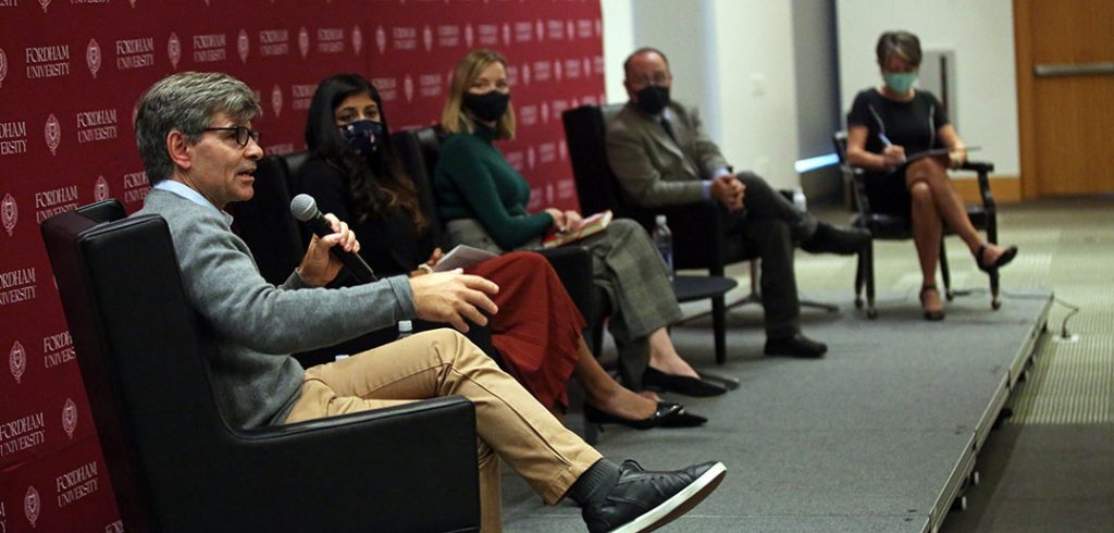 George Stephanopoulos, Roshni Nedungadi, Kristen Soltis Anderson; Robert Talisse, and Monika McDermott seated on a stage