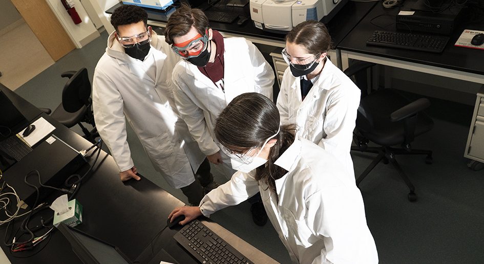 Student looking at computer screen with professor