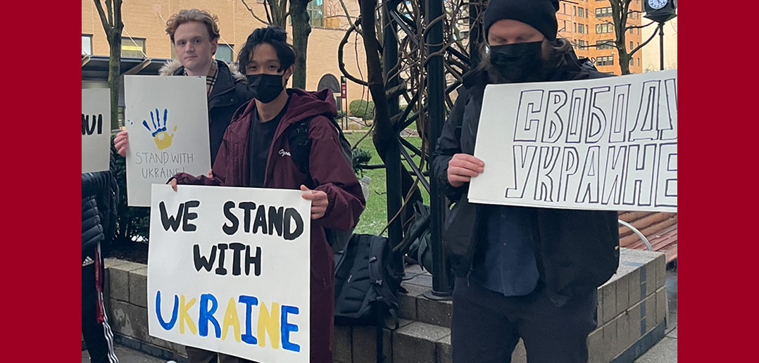 Fordham students at the Lincoln Center campus, protesting the Russian invasion of Ukraine.