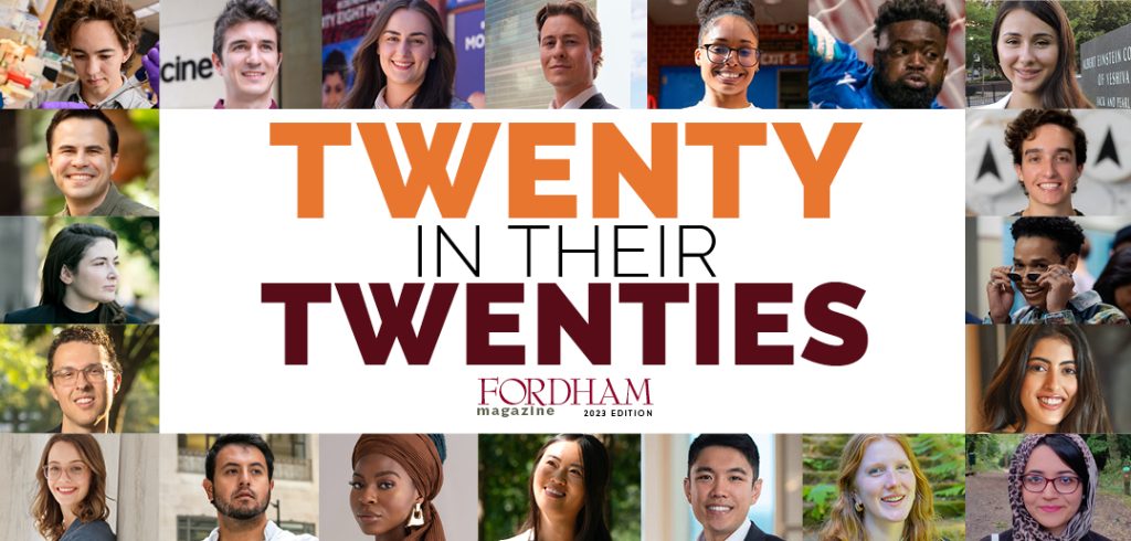 A rectangular image featuring 20 headshots around the perimeter and in the middle the following words: Twenty in Their Twenties, Fordham Magazine, 2023 Edition