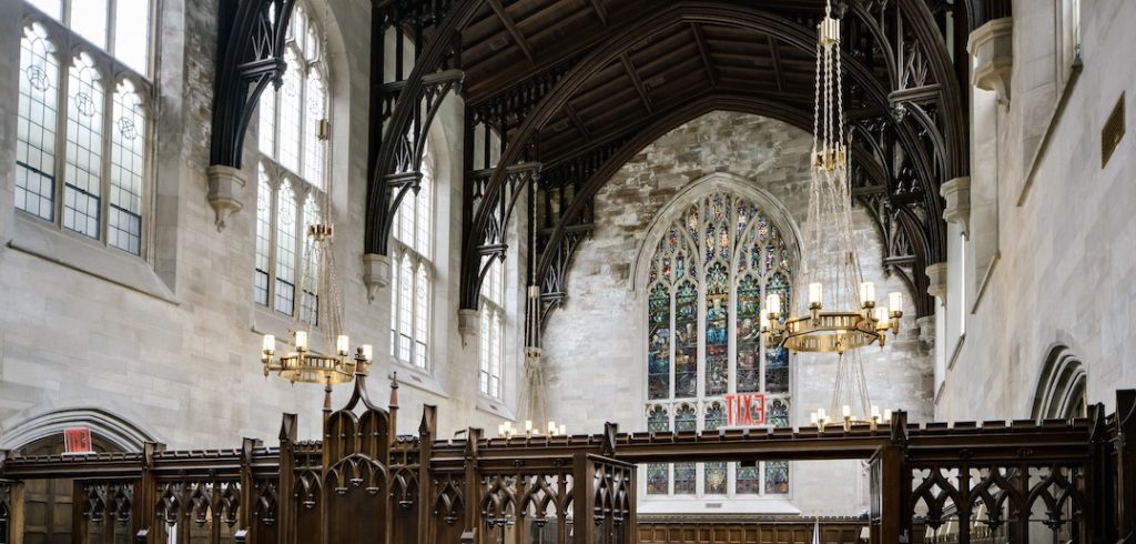 A stained glass window in the Duane Library