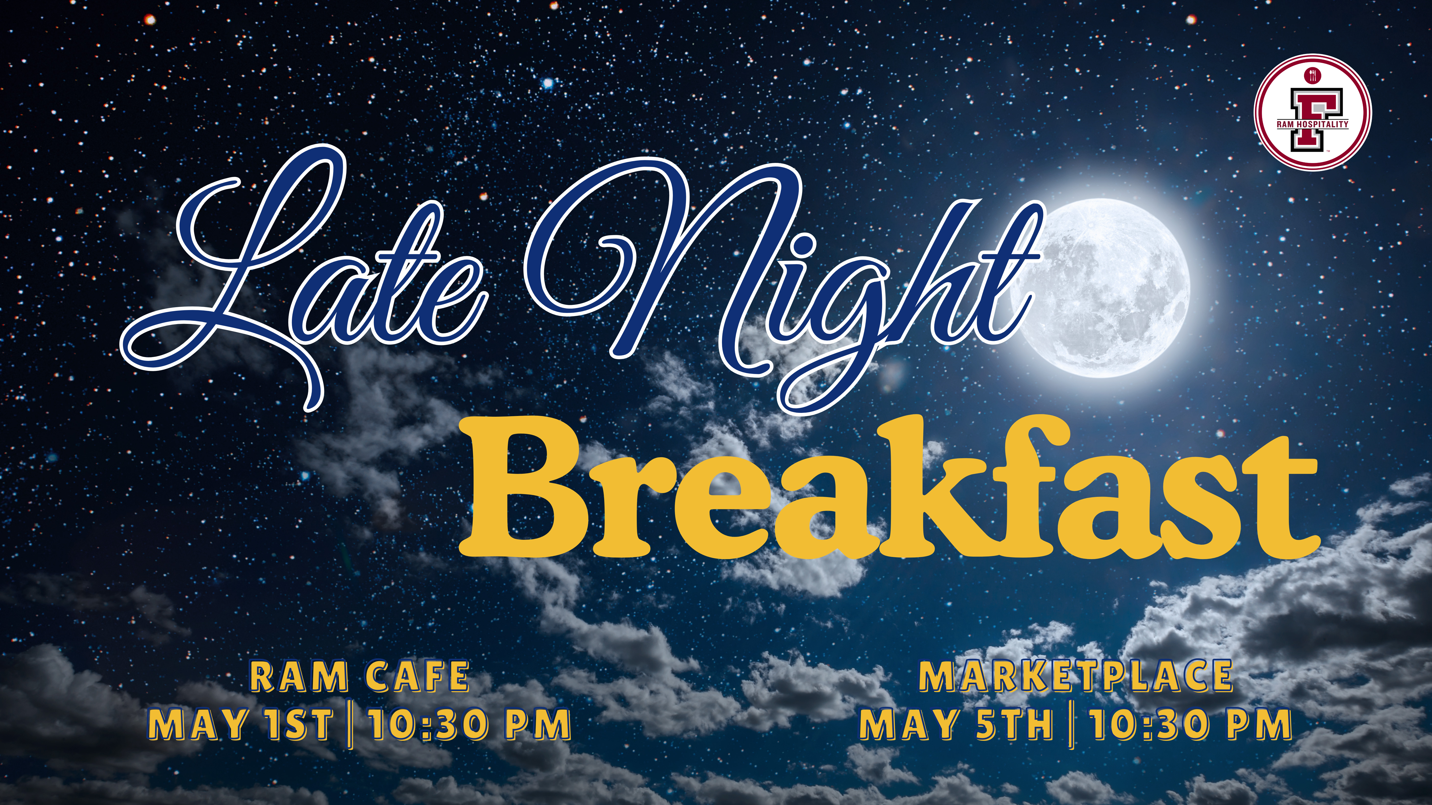 An image of a moon with the words Late Night Breakfast.
