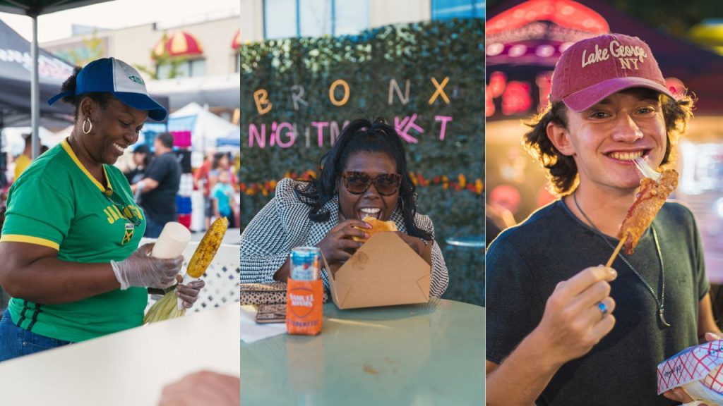 3 images cropped side by side. One woman holding corn on the cob, one woman eating a sandwich, and a man eating a large mozzarella stick.