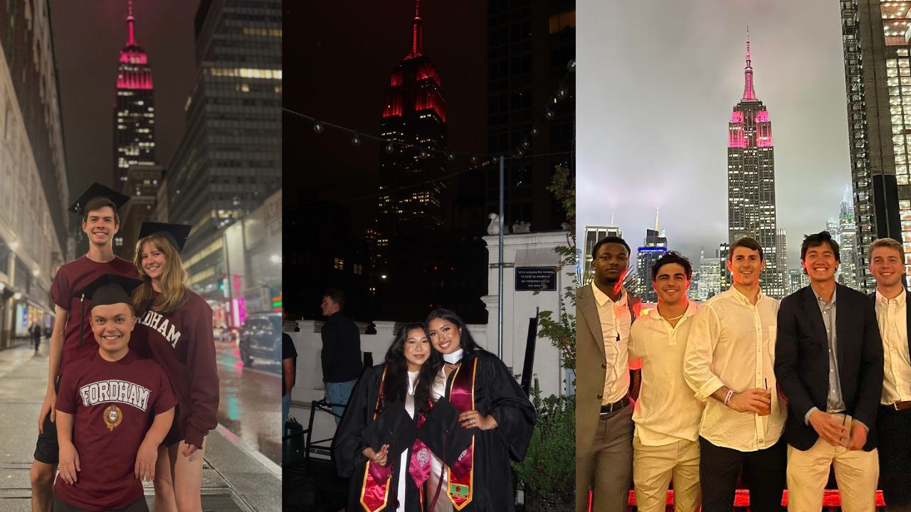 A collage of 3 different photos. All of them are a group of people posing with the Empire State Building lit in maroon.