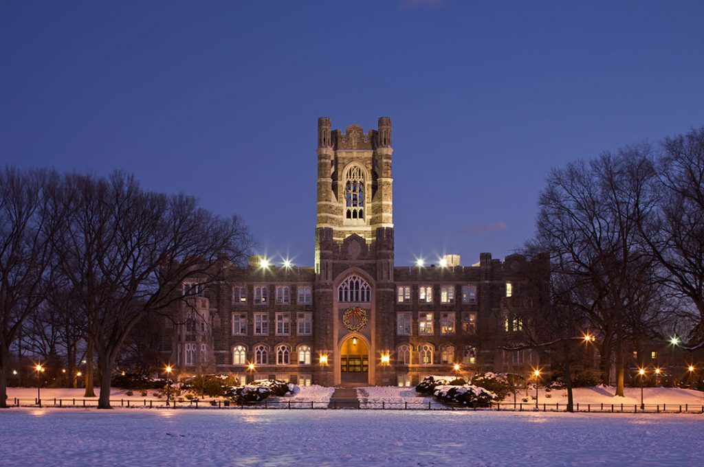 Keating Hall in the snow at Christmas.