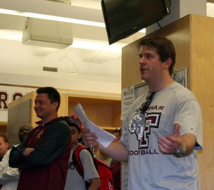 Mentor Mike Andrews in the Fordham football locker room.