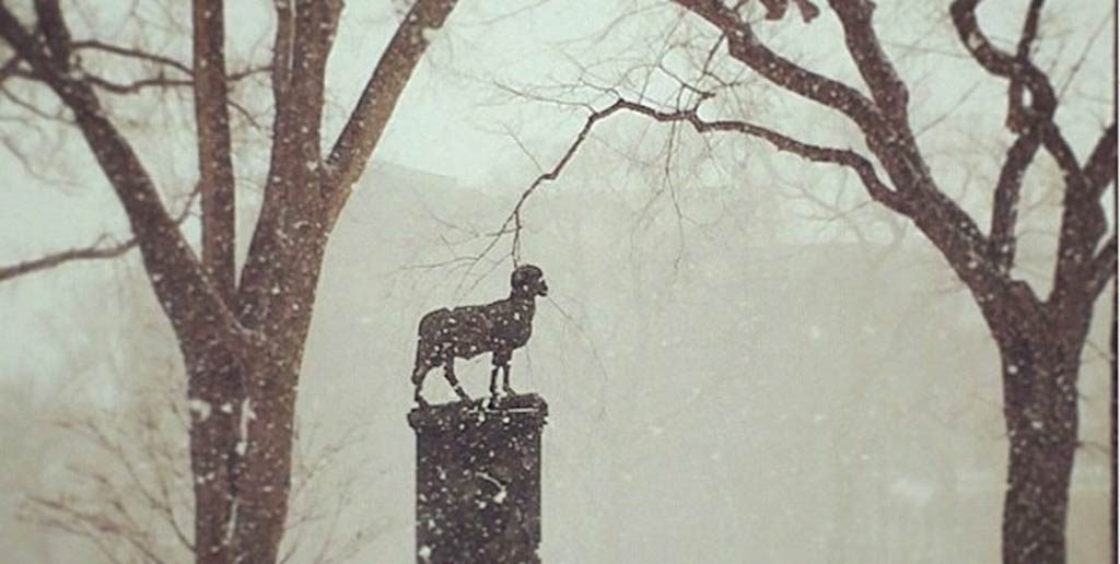 Ram statue in a snowstorm at the Rose Hill campus of Fordham University.