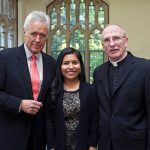 Alex Trebek, Fordham student Estefania Cruz, and Joseph M. McShane, SJ, president of Fordham