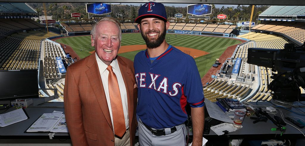 Dodgers broadcaster Vin Scully meets with Texas Rangers pitcher Nick Martinez, a fellow Fordham graduate