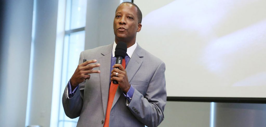 Charles E. Carter, Ph.D., deputy director and chief strategy officer of the Center on the Developing Child at Harvard University, gives a lecture at Fordham's Lincoln Center campus on Sept. 12, 2017. Photo credit: Michael Dames