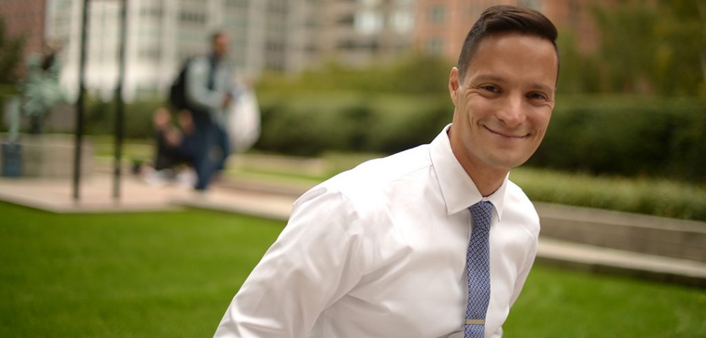 Phillip Dituri, a visiting assistant professor of mathematics education in the Graduate School of Education’s Division of Curriculum and Teaching, seated at the Lincoln Center campus