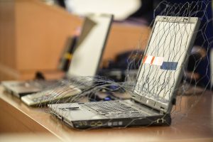 A laptop wrapped in a "Faraday cage"