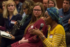 An audience member asks a question during the career-networking panel discussion on the publishing industry.