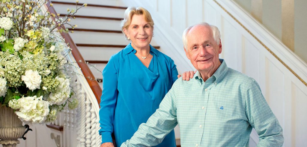 Fordham alumni Annette and Dan O'Brien, members of the Gabelli School of Business Class of 1968, at their home in Connecticut