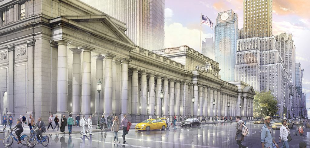 The proposed new version of Penn Station's majestic portico, stretching from 31st to 33rd street along Seventh Avenue (Rendering by Jeff Stikeman for Rebuild Penn Station)