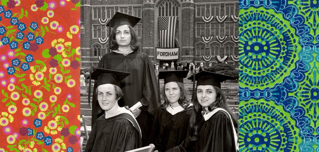 Colorful paisley patterns frame an image of four Thomas More College graduates, June 1968