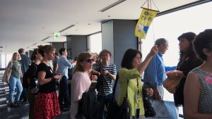 Fordham faculty boarding a boat for a river cruise in Tokyo