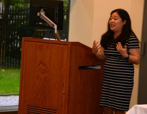 Corrie Kuniyoshi speaks in the South Lounge at the Lincoln Center campus