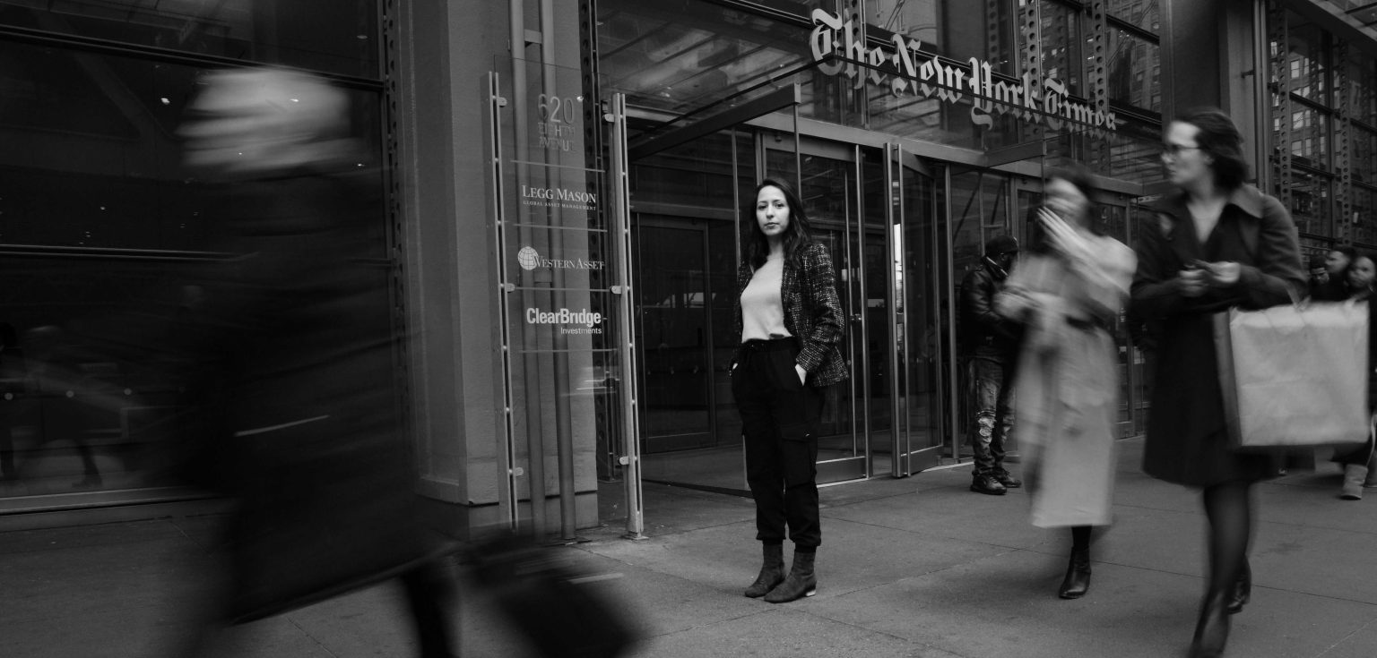 Ana Fota in front of The New York Times headquarters in Midtown