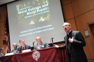 Fordham President Joseph M McShane speaks at the McNally Ampitheatre on the occasion of the tenth anniversary of 9/11