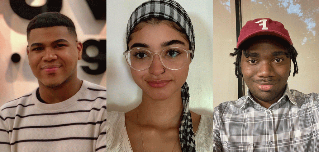 A photo collage of three students: a man wearing a striped shirt, a woman wearing a bandana on her head and glasses, and a man wearing a maroon Fordham baseball cap and plaid shirt