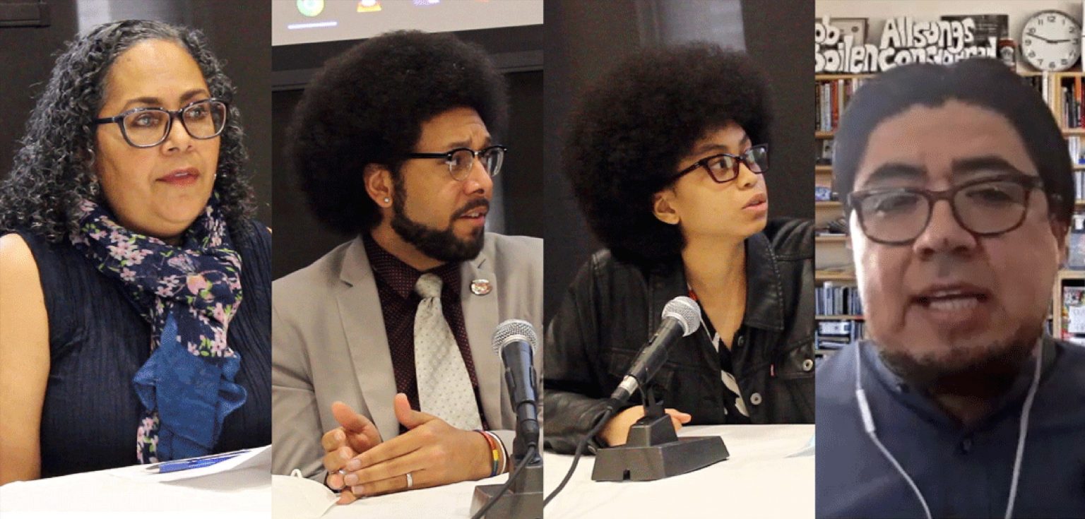 A collage of four people, each sitting at a table and talking into a mic