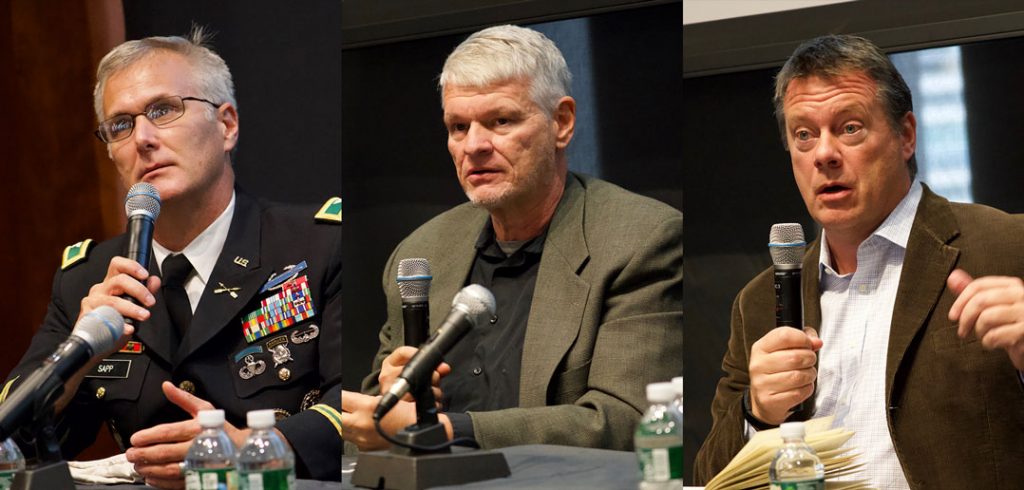 A collage of three photos, each with a man speaking into a microphone