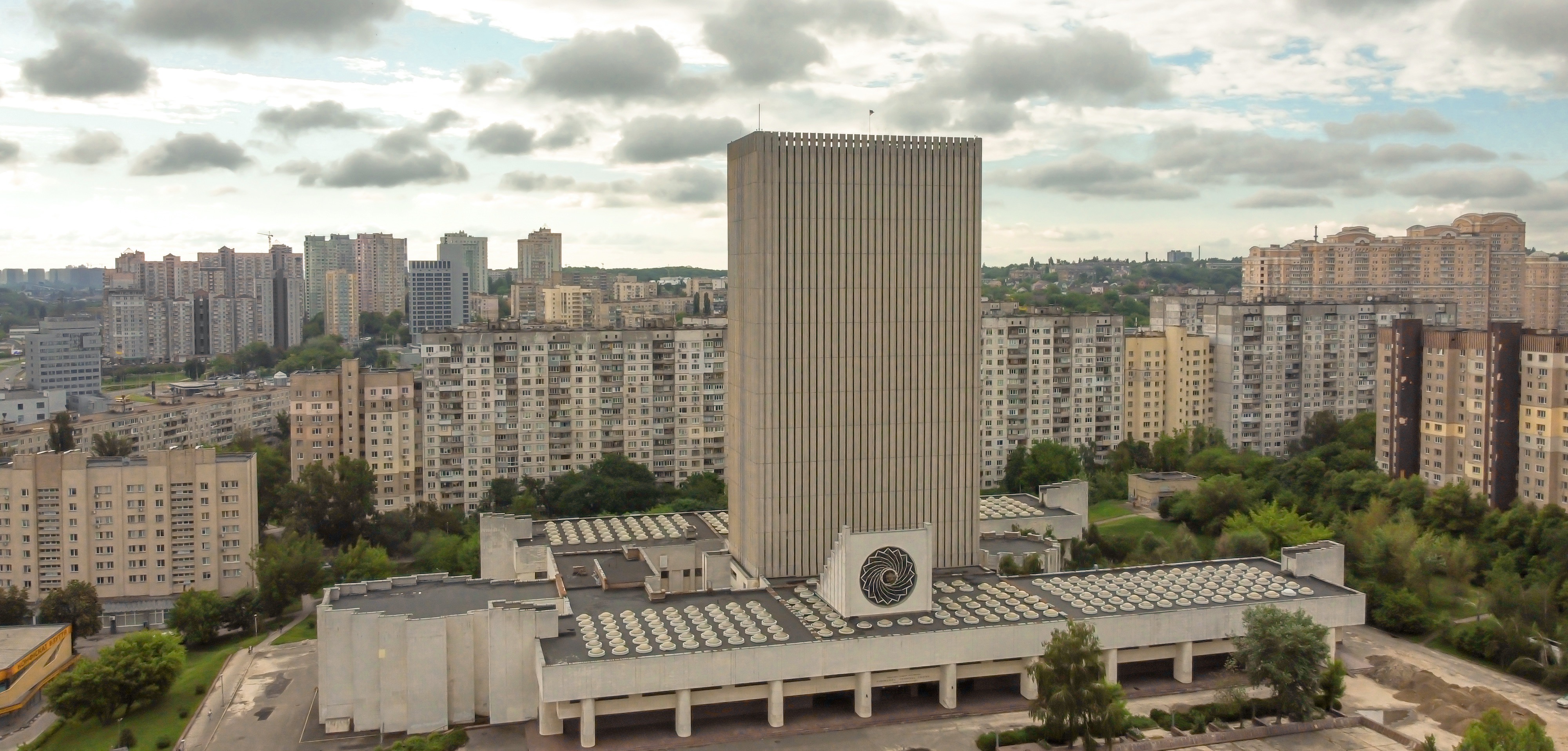 Kyiv, Ukraine, May 2021. Top view of the Vernadsky National Library of Ukraine. Aerial drone view.