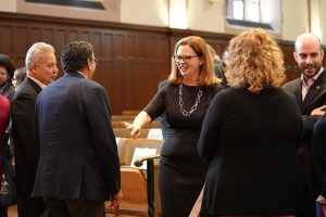 Tania Tetlow greets members of the Fordham community