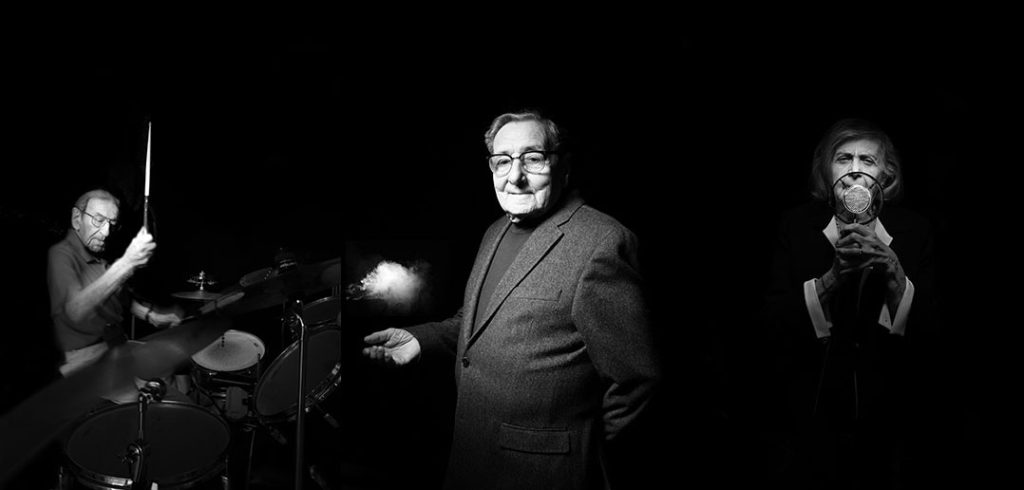 A composite image of black-and-white portraits of Holocaust survivors by artist B.A. Van Sise (from left): Saul Dreier playing the drums, sometime-magician Werner Reich with a puff of smoke above his upturned right palm, and Tova Friedman in front of a microphone