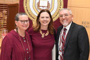 Margo Jackson, Ph.D., Fordham President Tania Tetlow, and GSE Dean José Luis Alvarado, Ph.D.