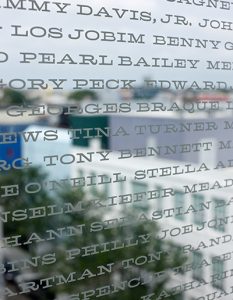 A window engraved with thenames of entertainers, including Tony Bennett