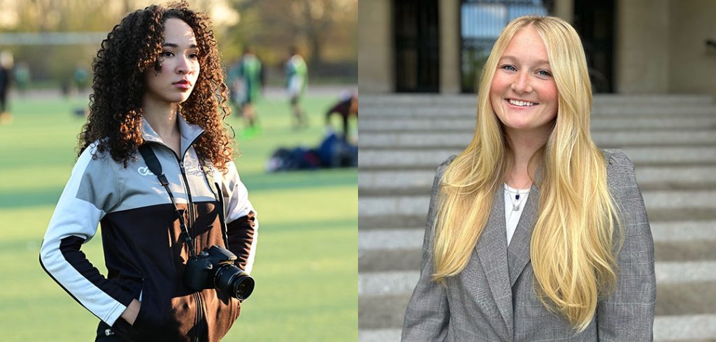 Two women pose for photos