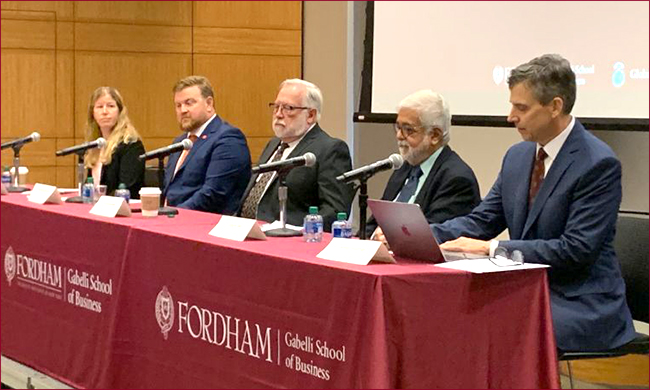 Fordham Gabelli school of Business, panel with 4 men and 1 woman.