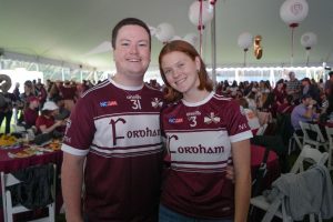 Michael Leegan, GABELLI ’22, ’23, and Ciara McGee, FCLC ’22, in Fordham Gaelic football jerseys.