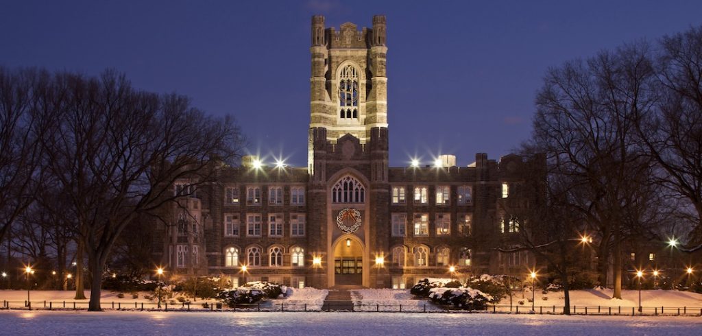 Keating Hall on a snowy winter night