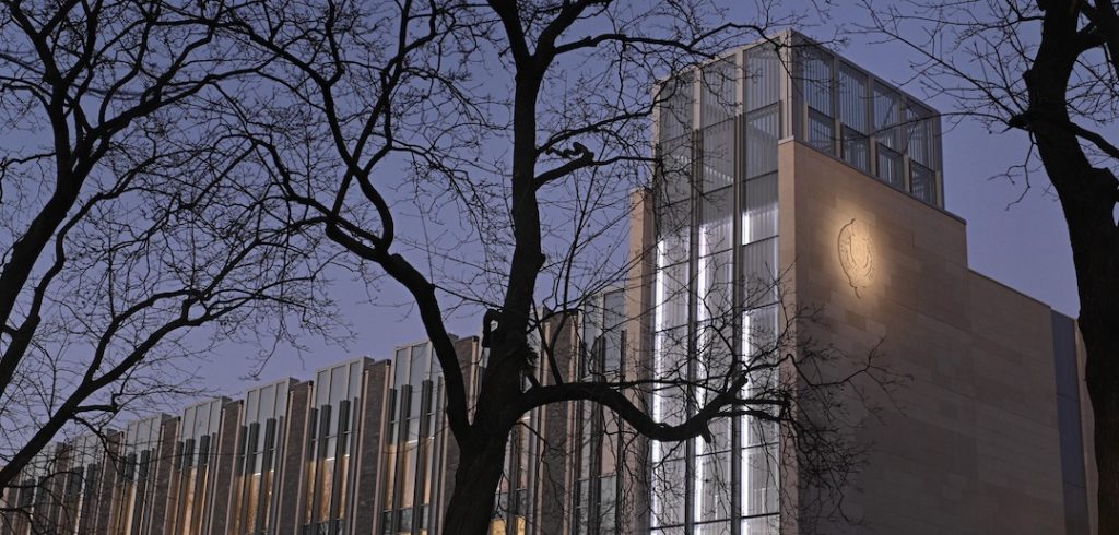 The McShane Campus Center during the evening