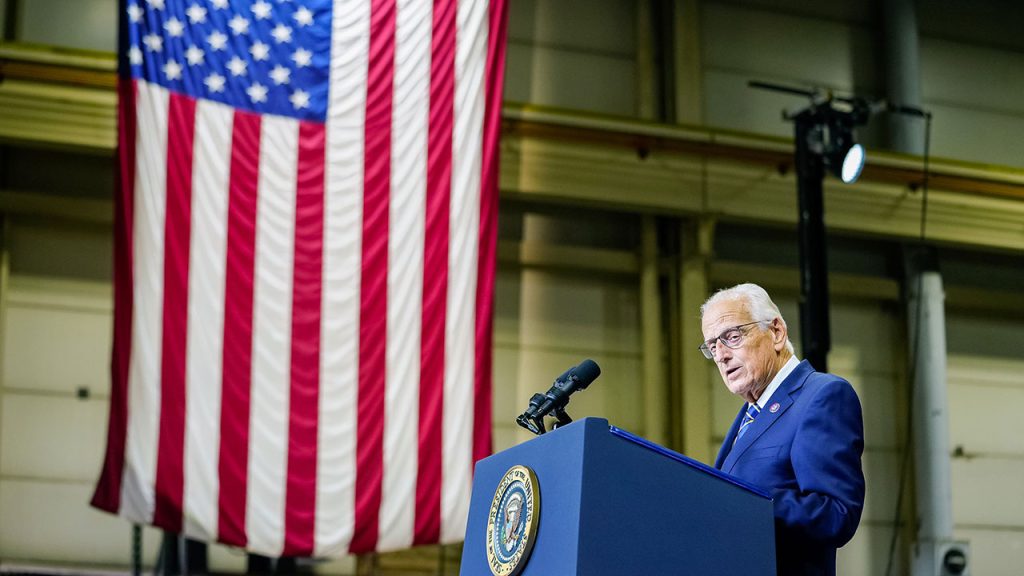 Bill Pascrell speaks at a podium in Kearny, New Jersey