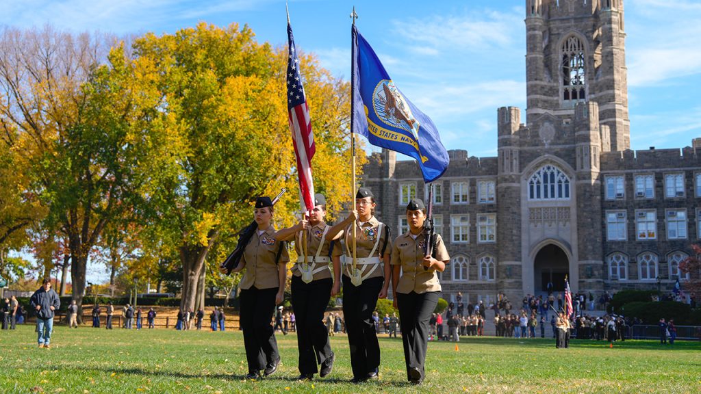 Members of an area Navy JROTC program at the Commander's Cup held at Fordham on Oct. 26, an event that spotlighted Fordham's tightly knit military-connected community.