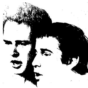 Black and white headshot illustration of Art Garfunkel and Paul Simon singing, circa 1967